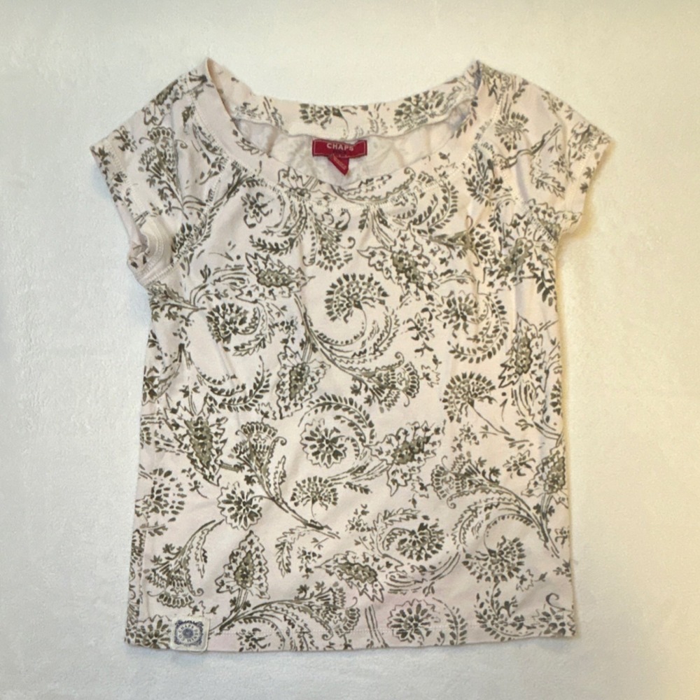 VTG Chaps Denim White Floral Scoop Neck Cap Sleeve Baby Tee Womens Size M